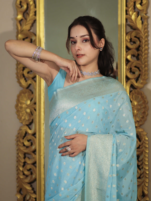 Banarasee Handwoven Chiffon Saree With Polka Dots Design & Border-Powder Blue