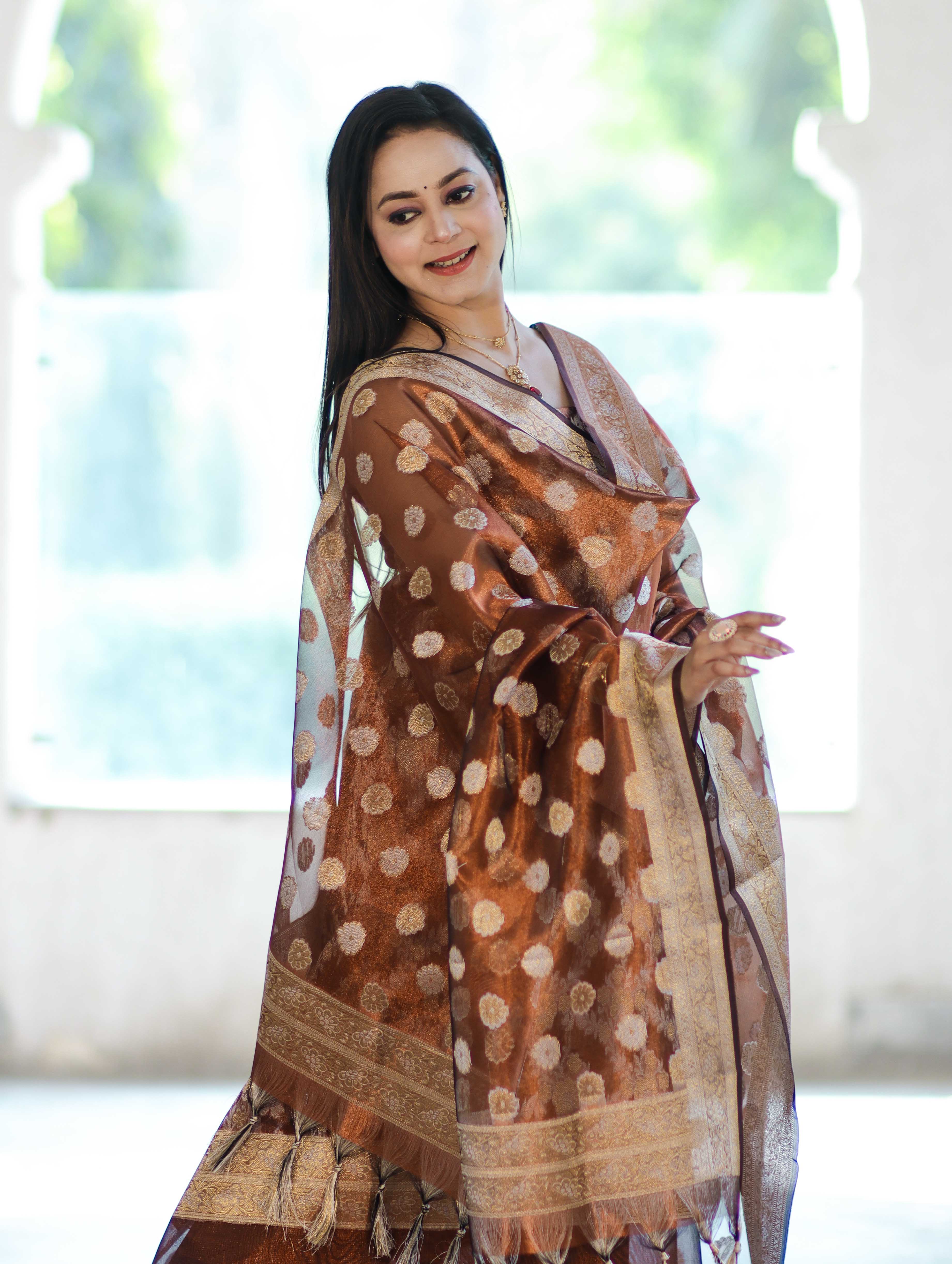 Banarasee Tissue Zari Work Salwar Kameez Fabric With Dupatta Set-Rust