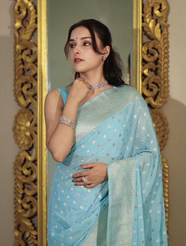 Banarasee Handwoven Chiffon Saree With Polka Dots Design & Border-Powder Blue