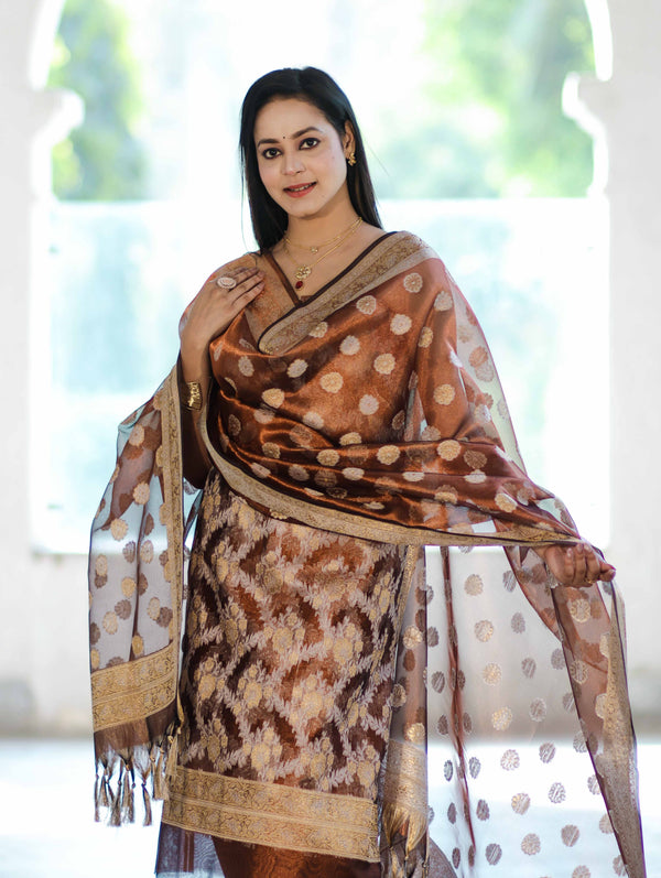 Banarasee Tissue Zari Work Salwar Kameez Fabric With Dupatta Set-Rust