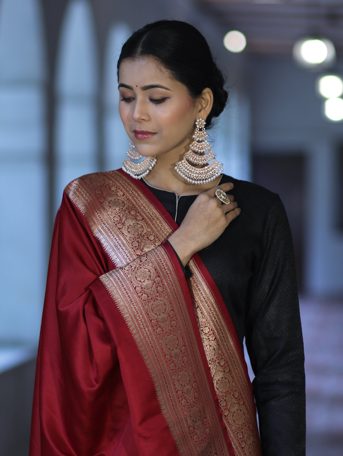 Banarasee Katan Silk Dupatta With Gold Zari Woven Border-Maroon