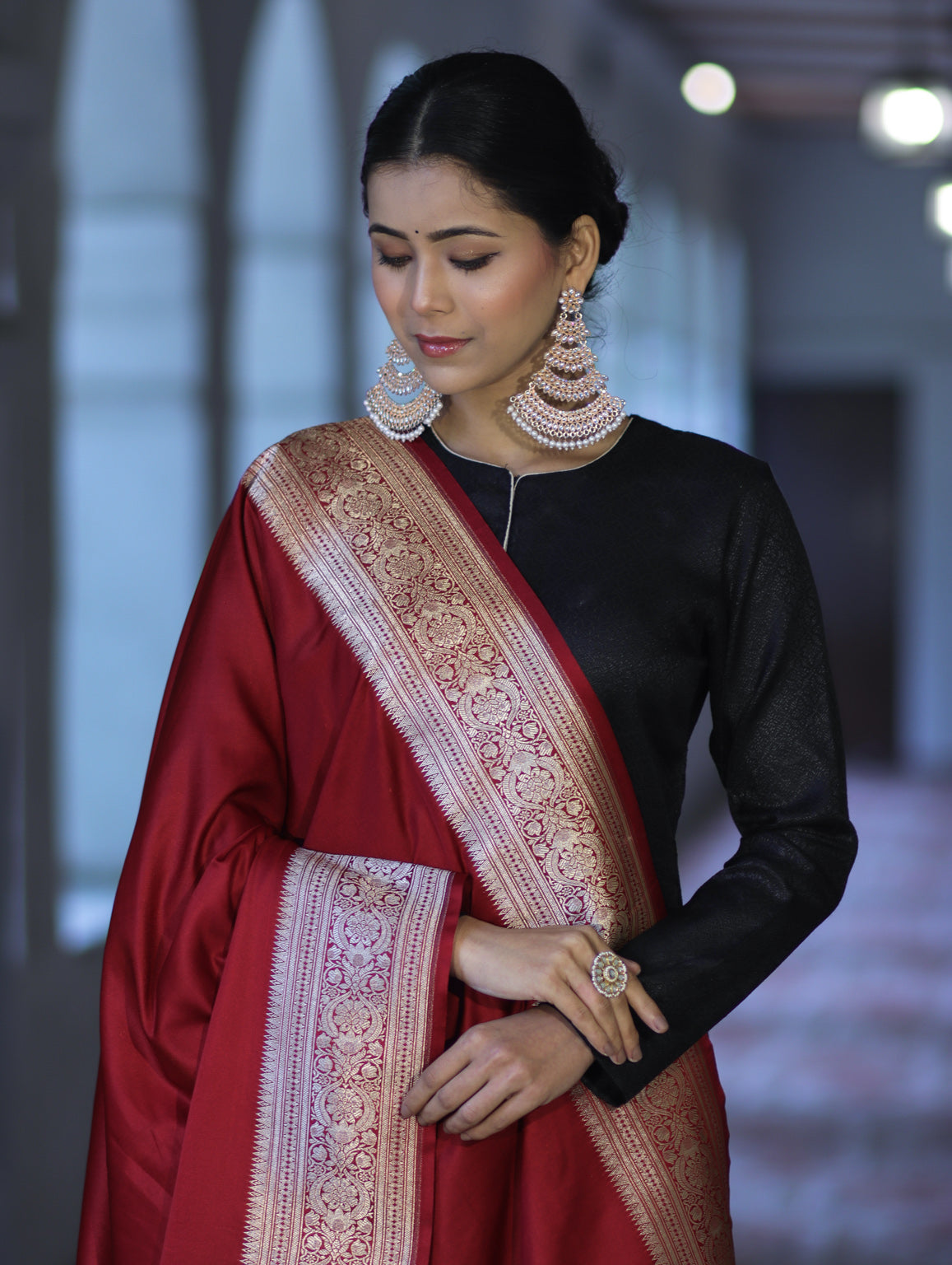 Banarasee Katan Silk Dupatta With Gold Zari Woven Border-Maroon