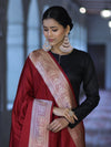Banarasee Katan Silk Dupatta With Gold Zari Woven Border-Maroon