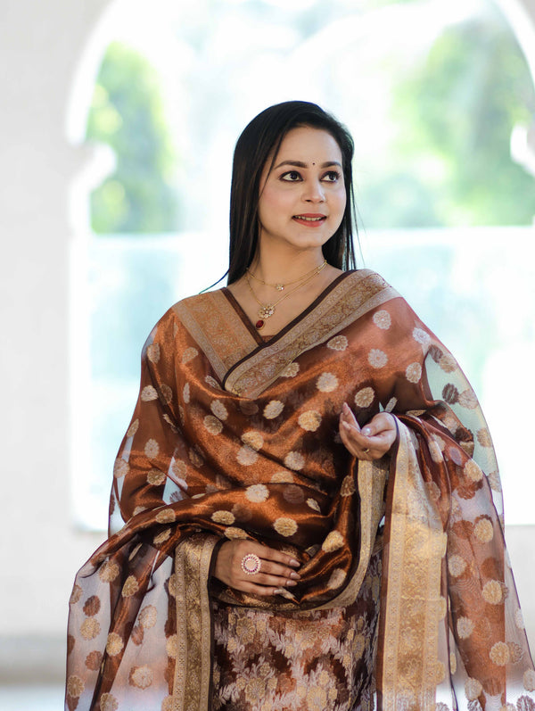 Banarasee Tissue Zari Work Salwar Kameez Fabric With Dupatta Set-Rust