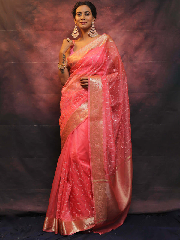 Banarasee Organza Floral Embroidery Sequin Work Saree-Pink