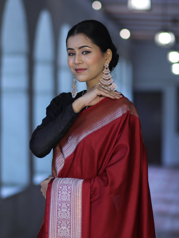 Banarasee Katan Silk Dupatta With Gold Zari Woven Border-Maroon