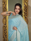 Banarasee Handwoven Chiffon Saree With Polka Dots Design & Border-Powder Blue