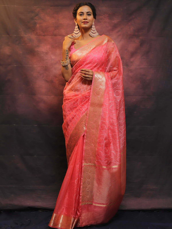 Banarasee Organza Floral Embroidery Sequin Work Saree-Pink
