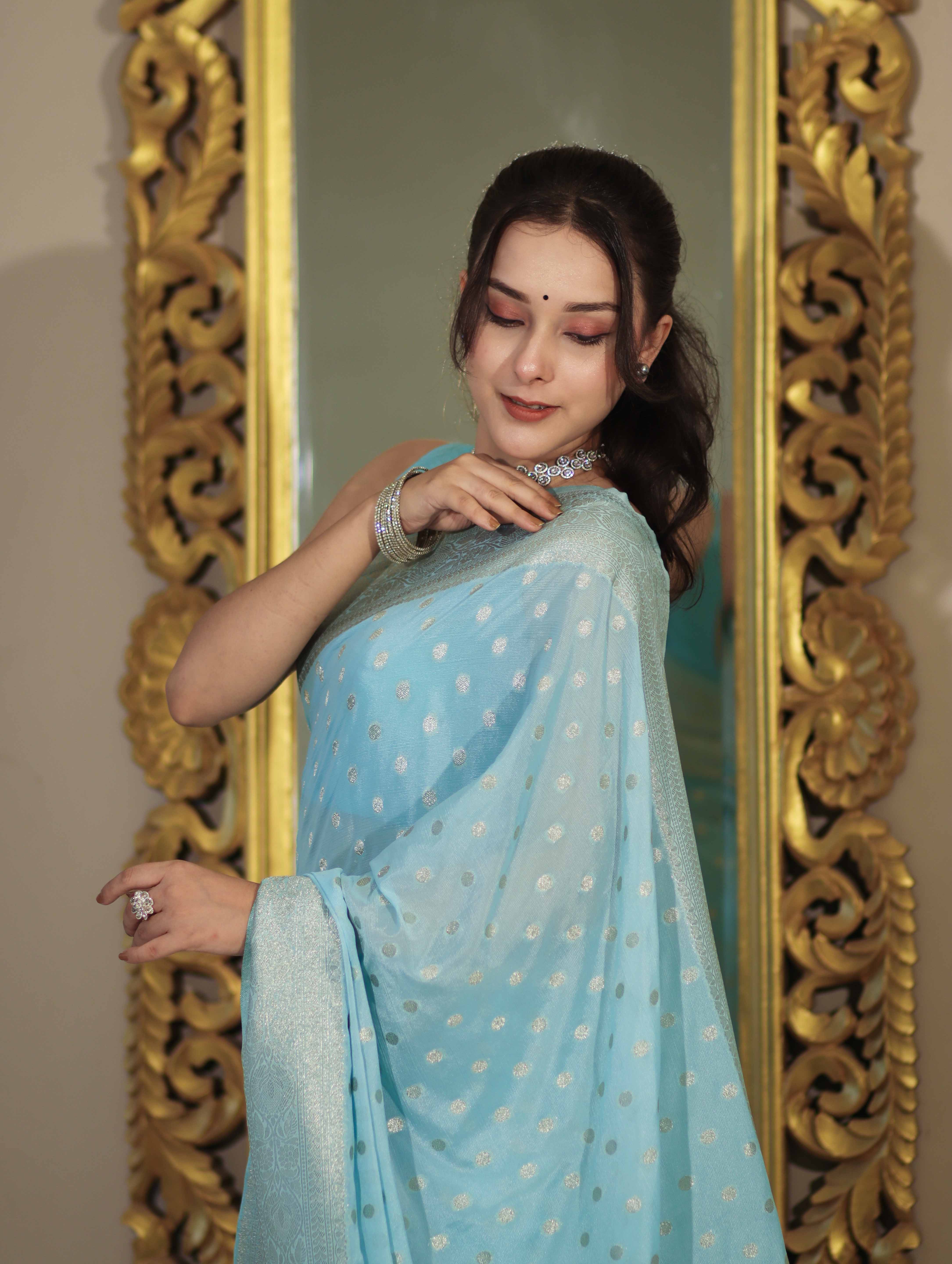 Banarasee Handwoven Chiffon Saree With Polka Dots Design & Border-Powder Blue