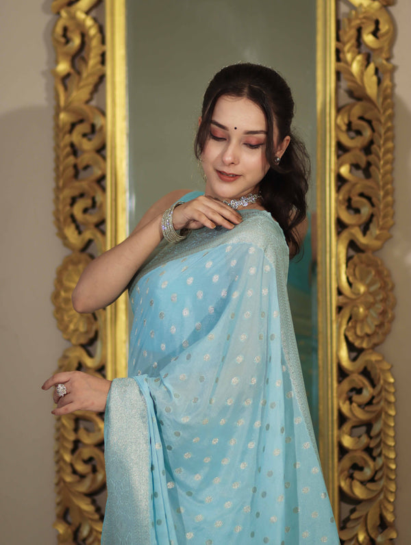 Banarasee Handwoven Chiffon Saree With Polka Dots Design & Border-Powder Blue