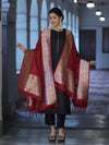 Banarasee Katan Silk Dupatta With Gold Zari Woven Border-Maroon