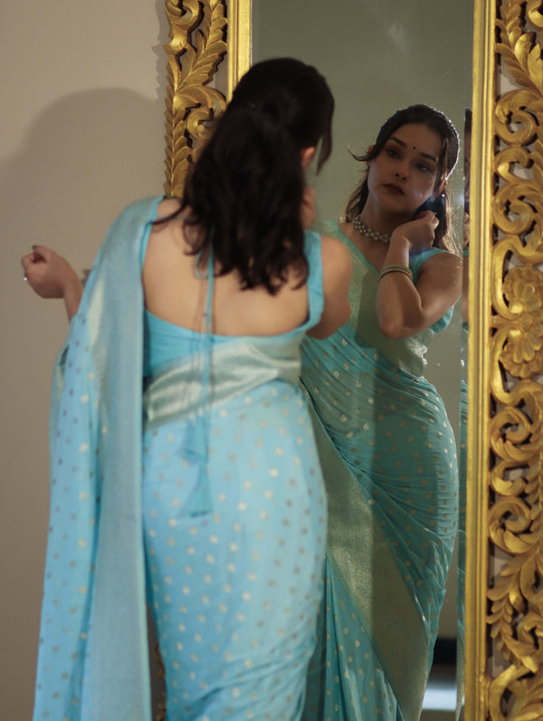 Banarasee Handwoven Chiffon Saree With Polka Dots Design & Border-Powder Blue