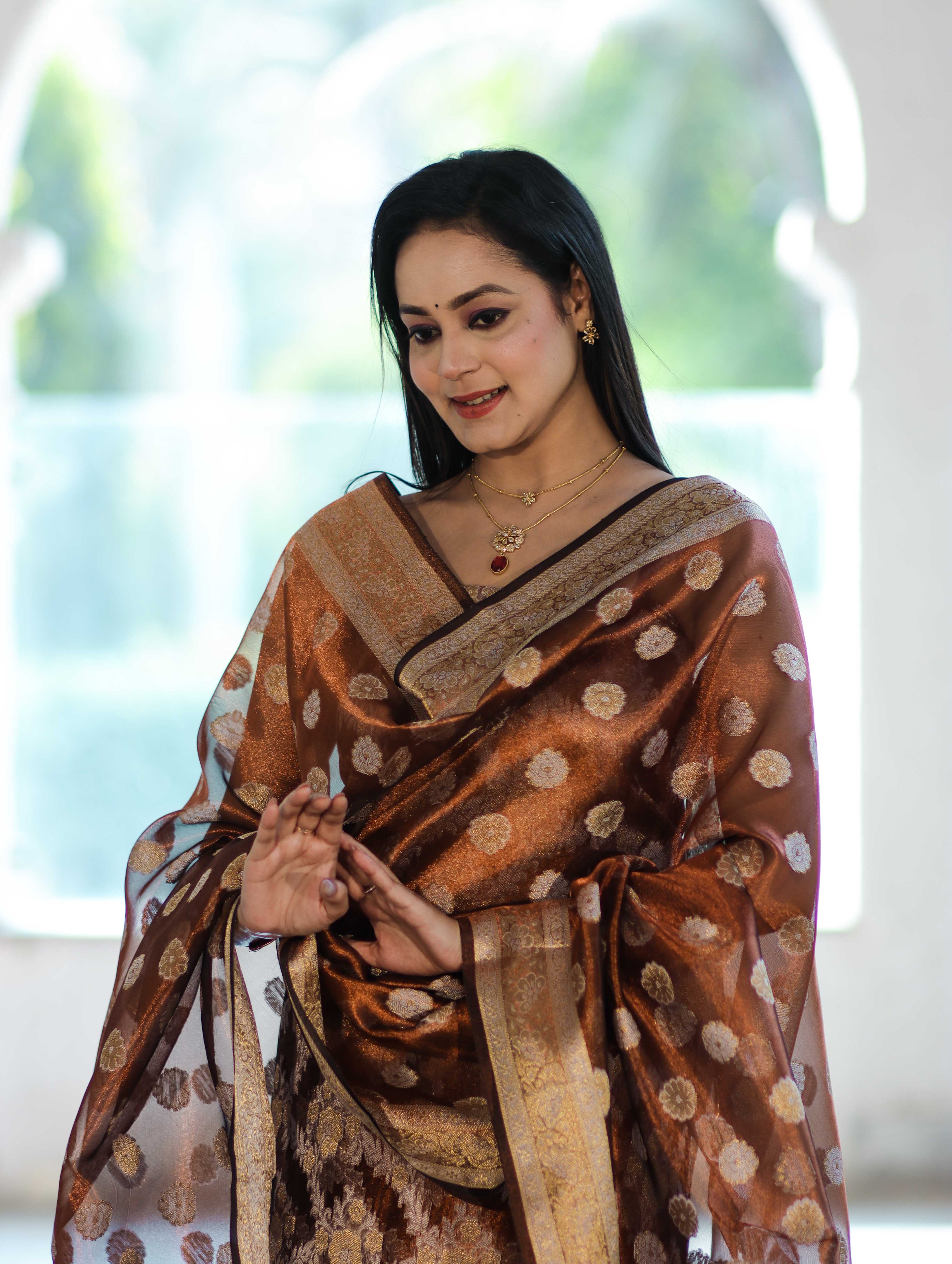 Banarasee Tissue Zari Work Salwar Kameez Fabric With Dupatta Set-Rust