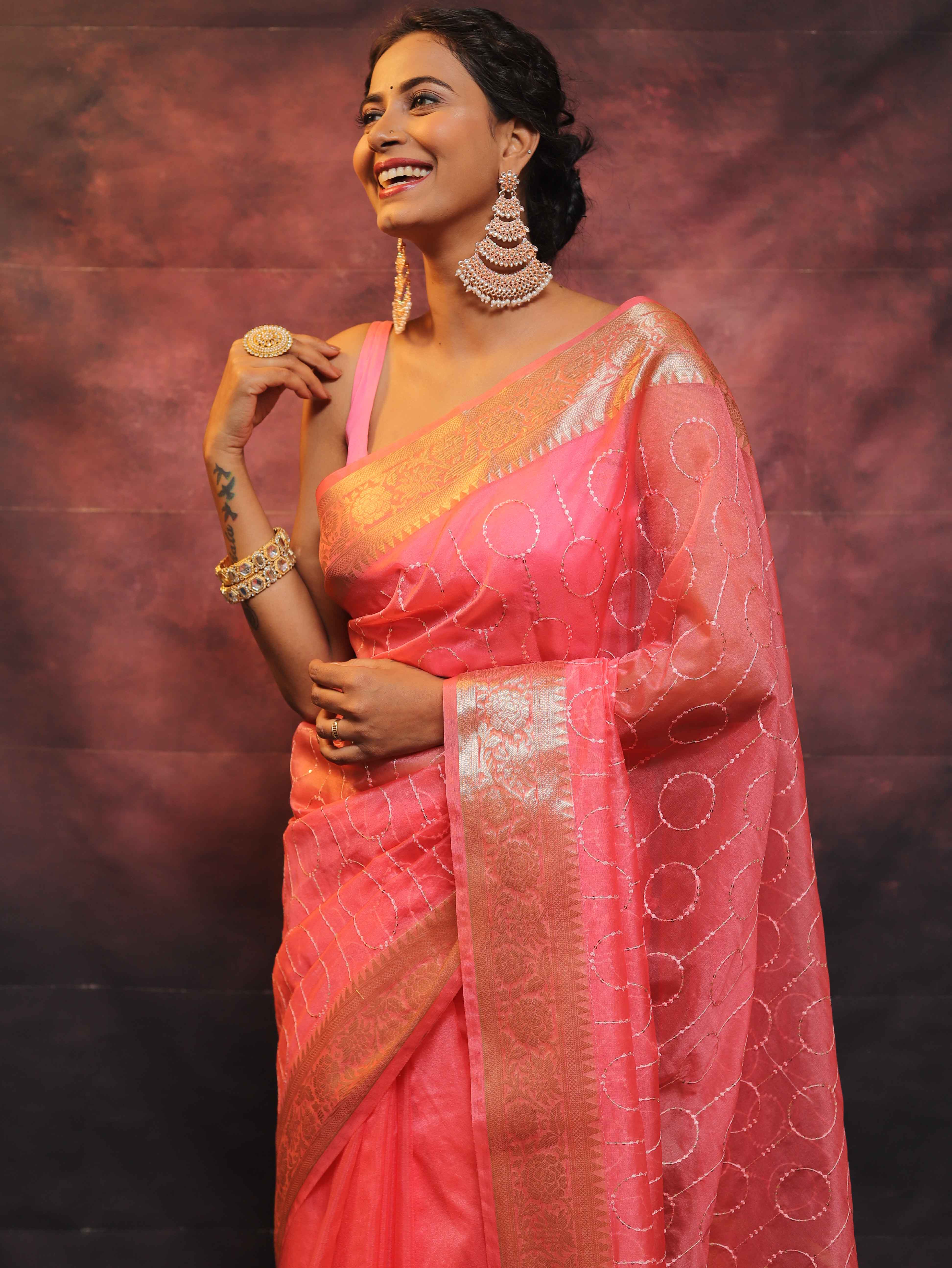 Banarasee Organza Floral Embroidery Sequin Work Saree-Pink