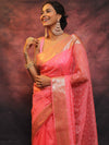 Banarasee Organza Floral Embroidery Sequin Work Saree-Pink