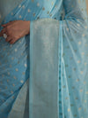 Banarasee Handwoven Chiffon Saree With Polka Dots Design & Border-Powder Blue