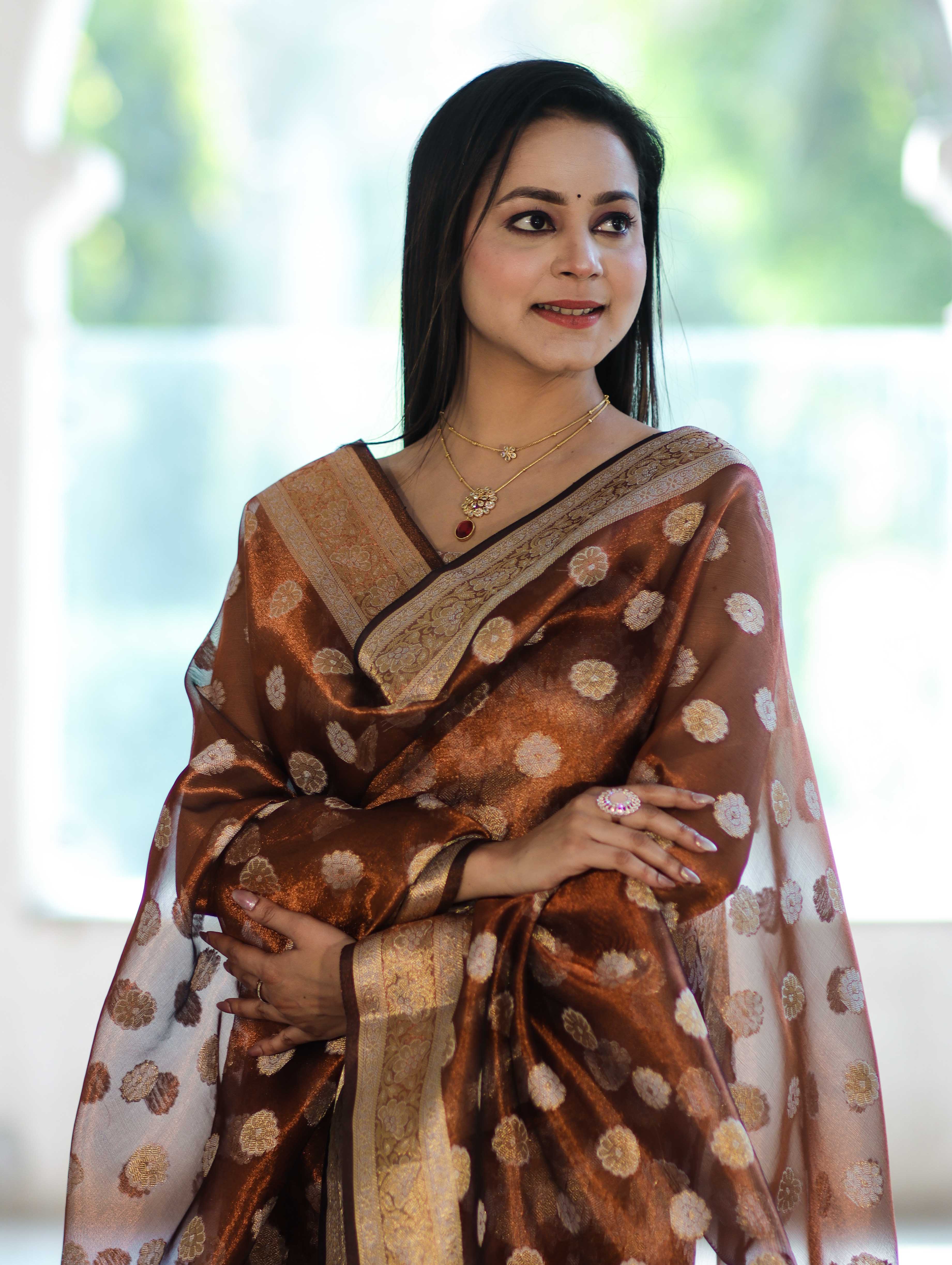 Banarasee Tissue Zari Work Salwar Kameez Fabric With Dupatta Set-Rust