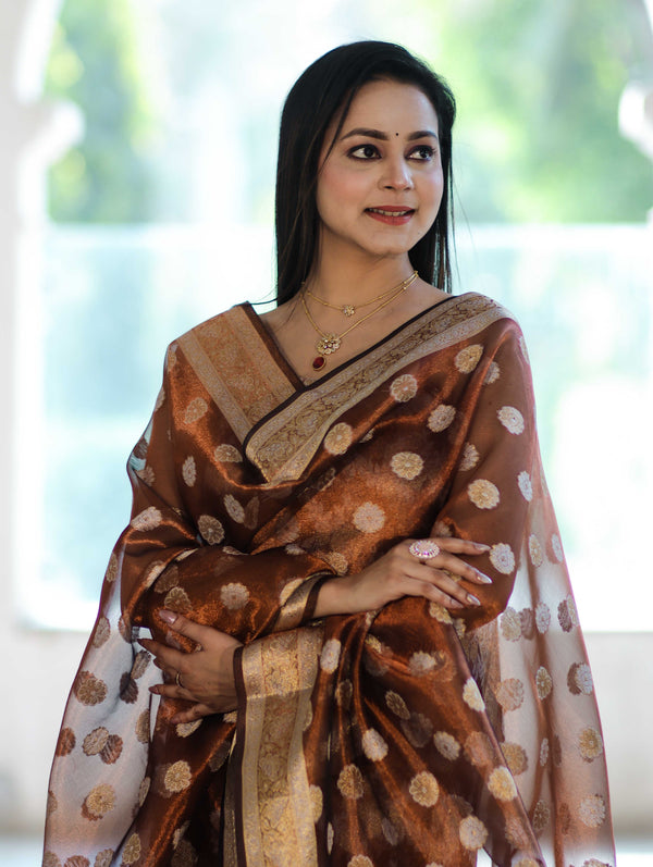 Banarasee Tissue Zari Work Salwar Kameez Fabric With Dupatta Set-Rust