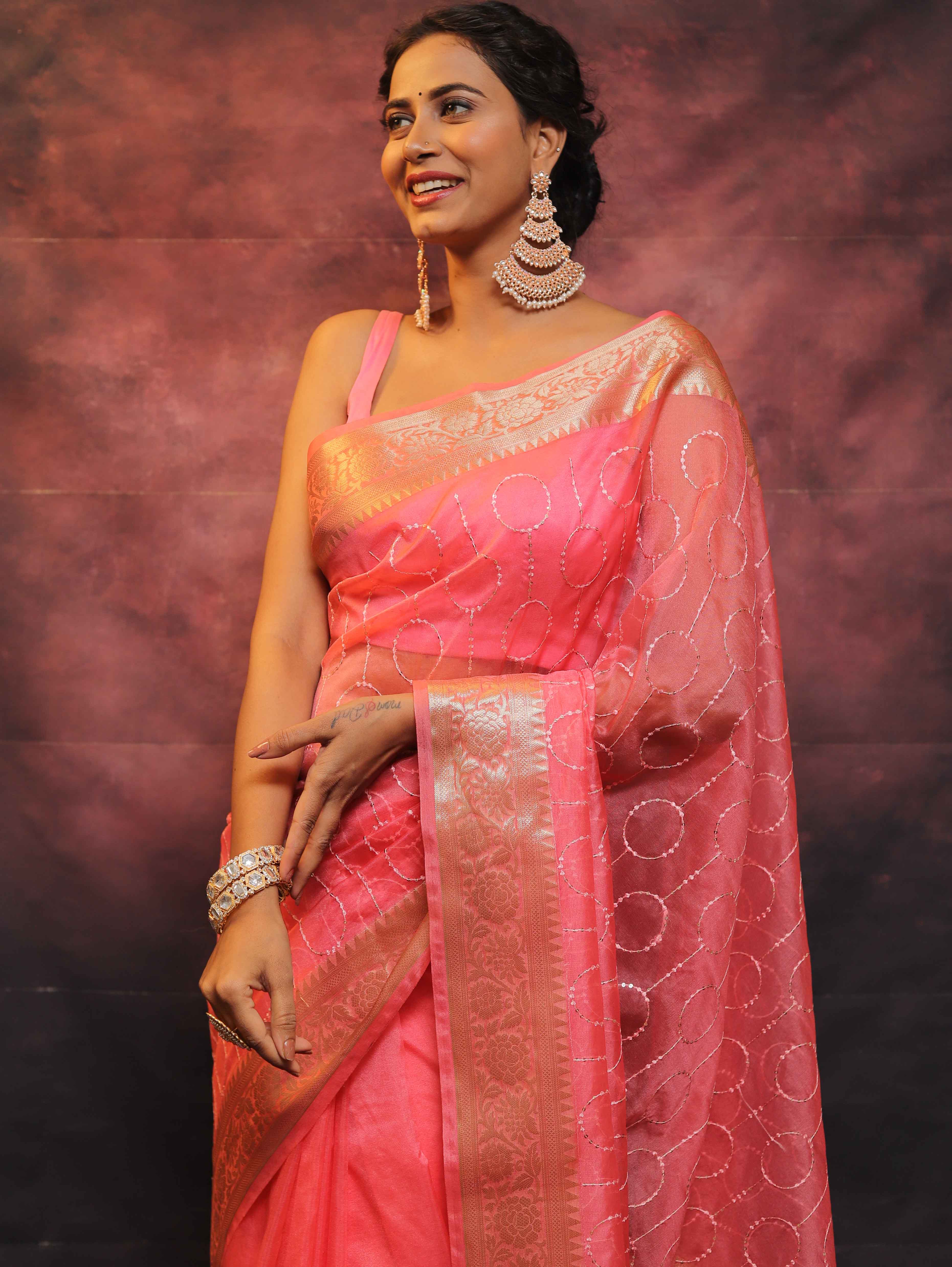 Banarasee Organza Floral Embroidery Sequin Work Saree-Pink