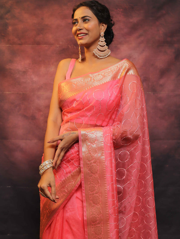 Banarasee Organza Floral Embroidery Sequin Work Saree-Pink