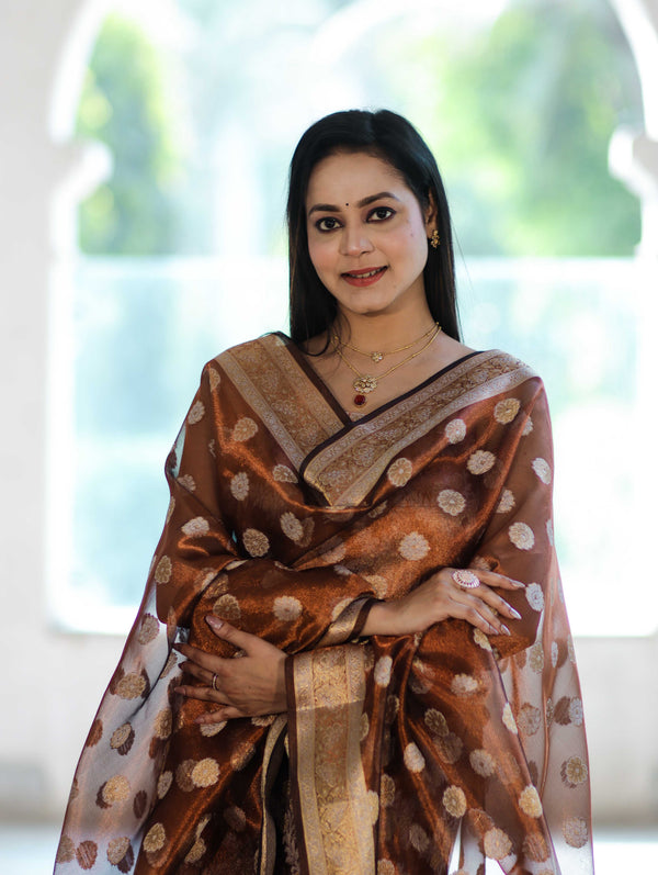 Banarasee Tissue Zari Work Salwar Kameez Fabric With Dupatta Set-Rust