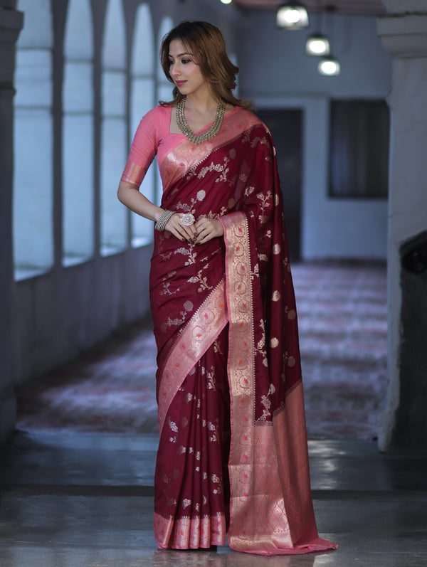 Banarasee Handloom Semi Silk Saree With Zari Woven Design & Contrast Border-Burgundy