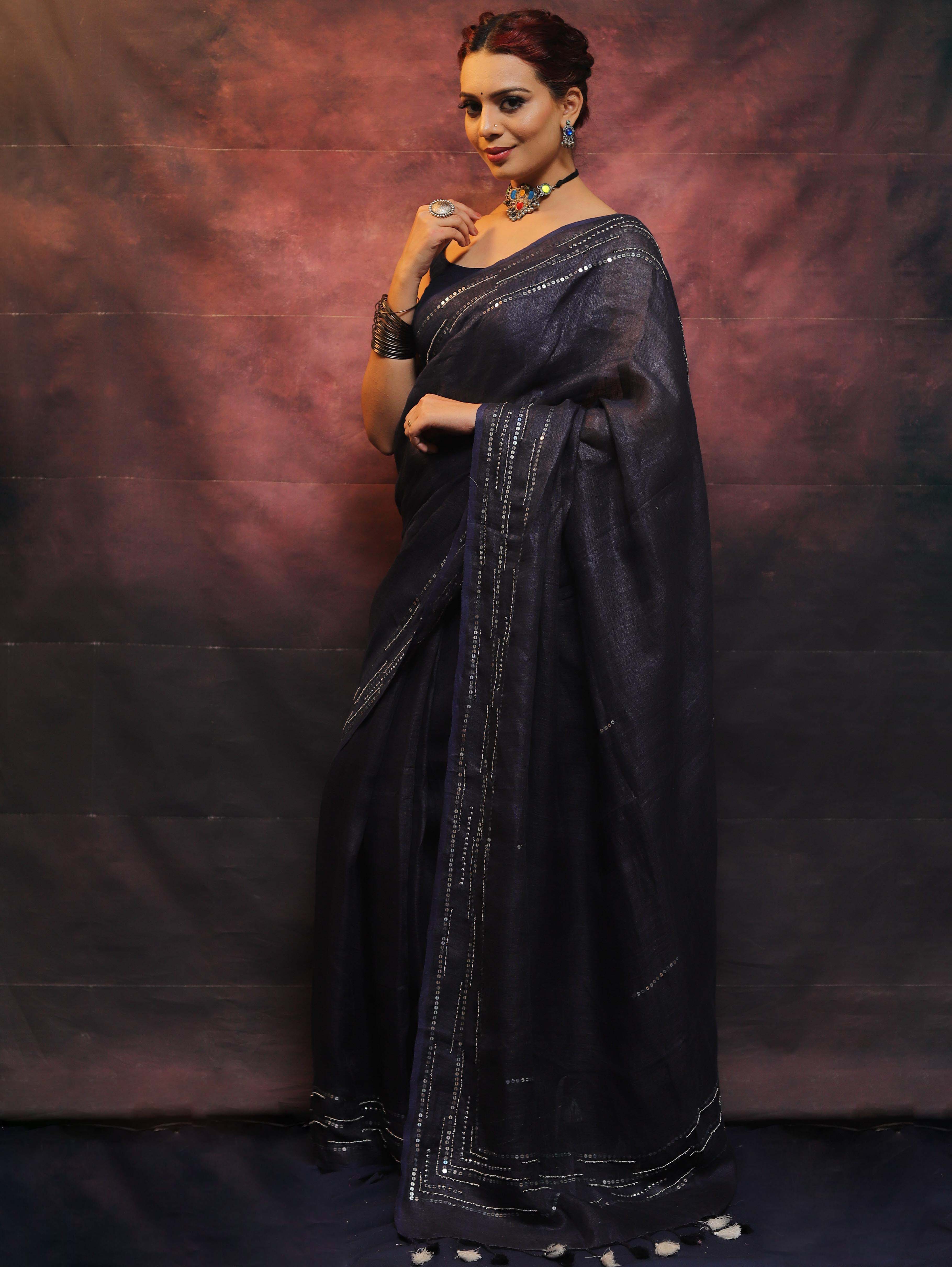 Banarasee Handloom Pure Linen Sequins Work Saree-Blue