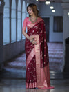 Banarasee Handloom Semi Silk Saree With Zari Woven Design & Contrast Border-Burgundy