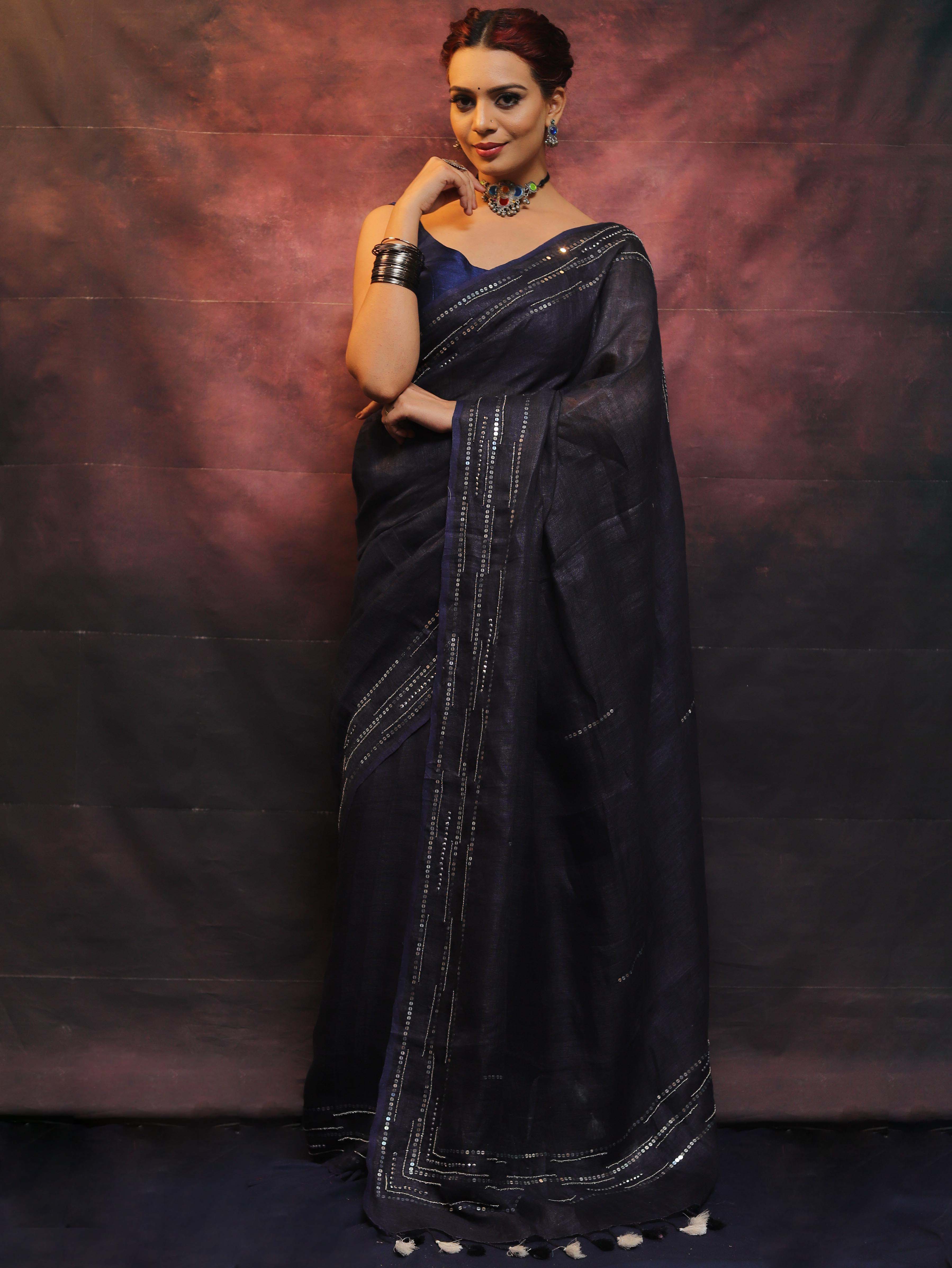 Banarasee Handloom Pure Linen Sequins Work Saree-Blue