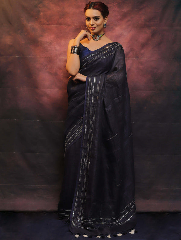 Banarasee Handloom Pure Linen Sequins Work Saree-Blue