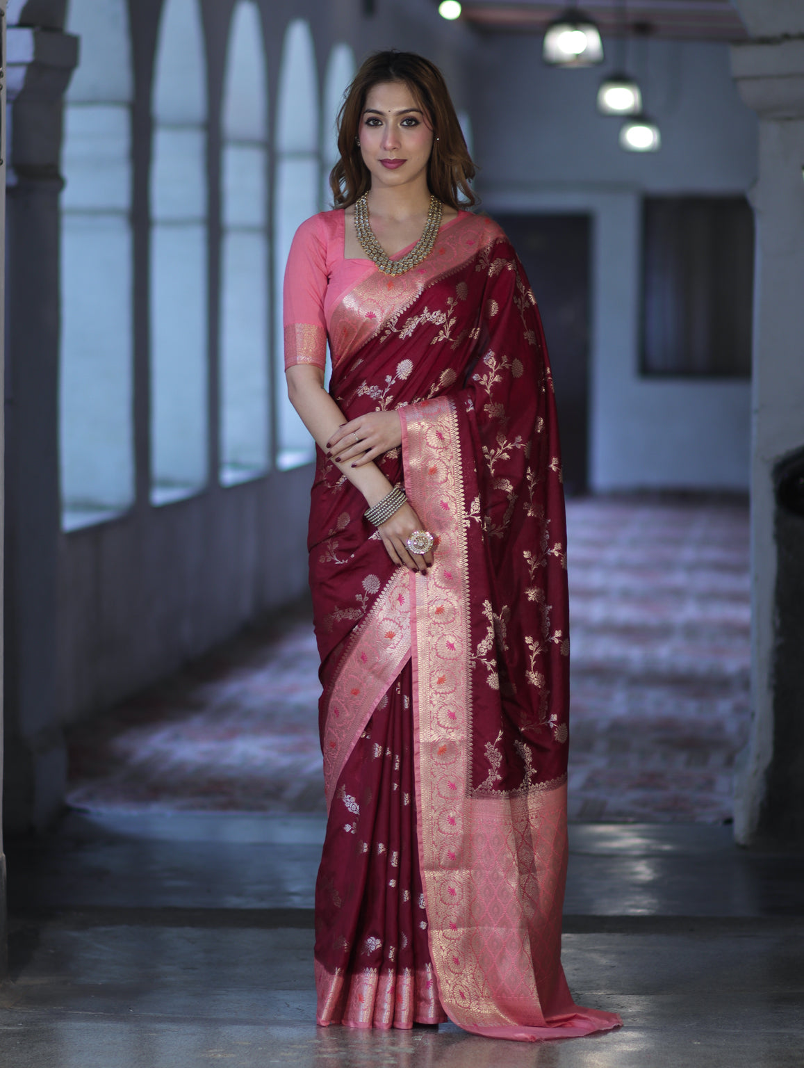 Banarasee Handloom Semi Silk Saree With Zari Woven Design & Contrast Border-Burgundy