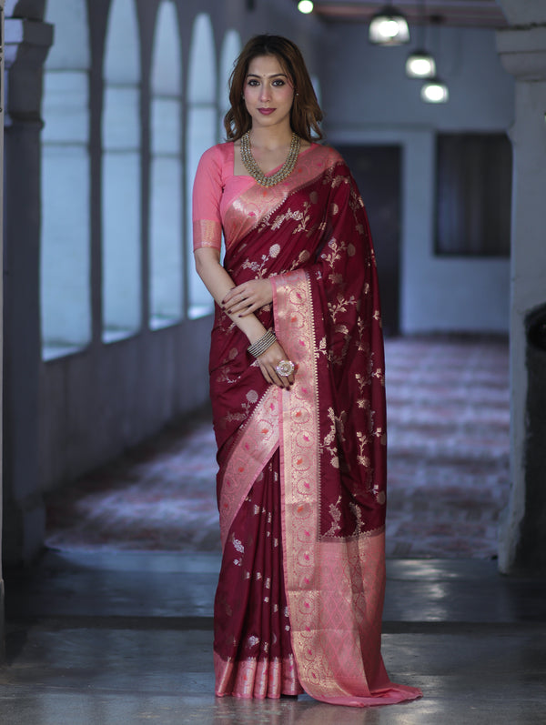 Banarasee Handloom Semi Silk Saree With Zari Woven Design & Contrast Border-Burgundy