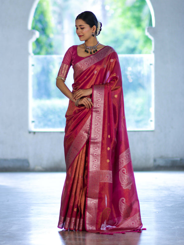 Banarasee Handloom Dual Tone Shimmer Silk Saree With Buti Design & Meena Border-Pink
