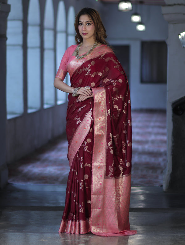 Banarasee Handloom Semi Silk Saree With Zari Woven Design & Contrast Border-Burgundy