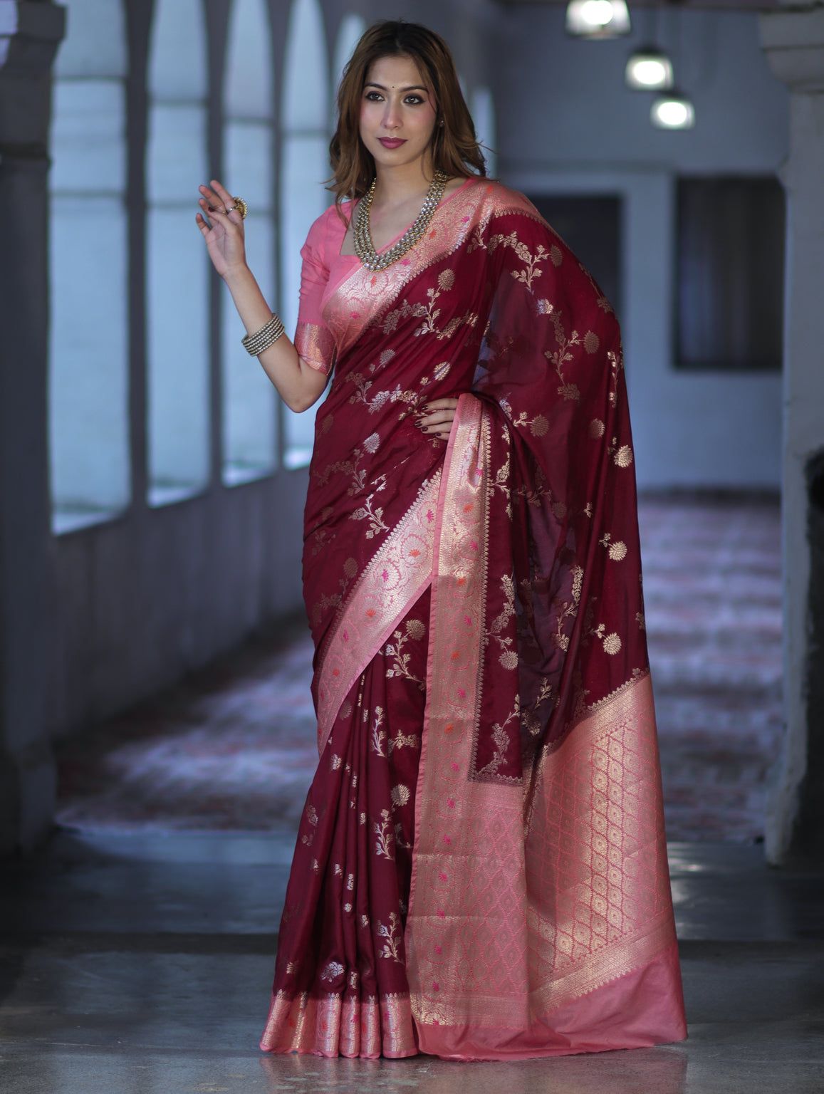 Banarasee Handloom Semi Silk Saree With Zari Woven Design & Contrast Border-Burgundy