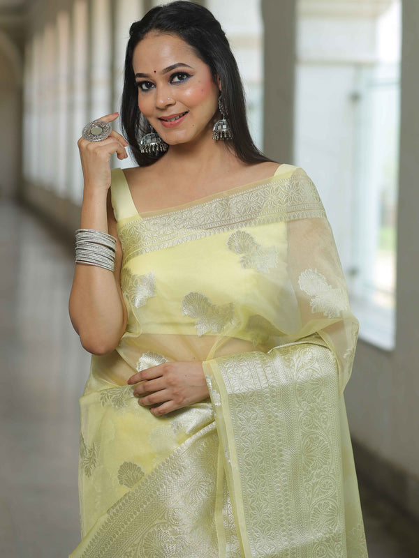 Banarasee Organza Mix Saree With Silver Zari-Yellow