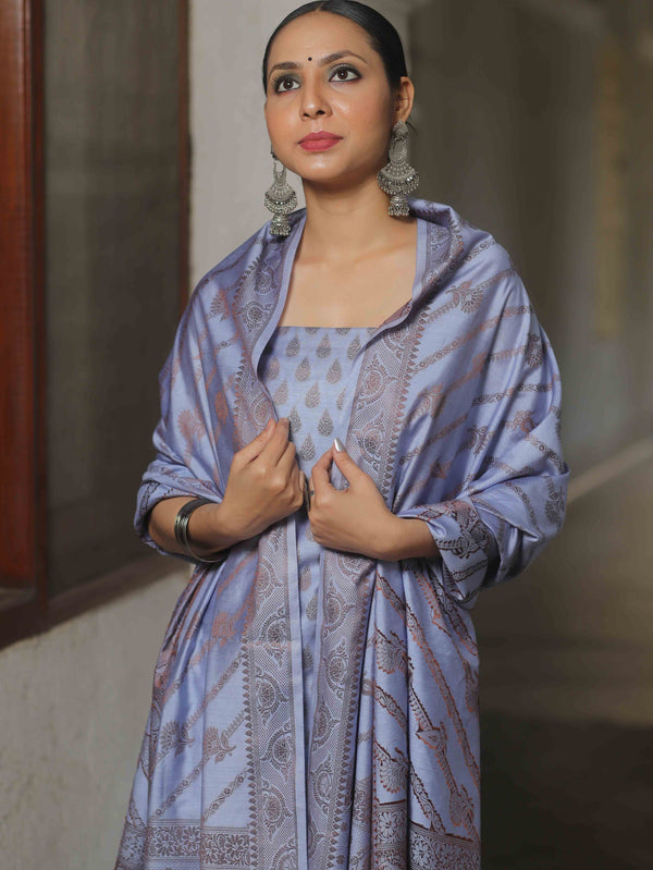 Banarasee Semi Katan Silk Salwar Kameez Fabric With Dupatta Resham Zari Work-Lilac