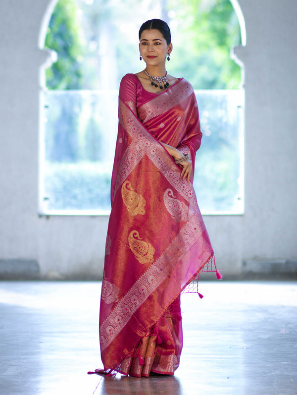 Banarasee Handloom Dual Tone Shimmer Silk Saree With Buti Design & Meena Border-Pink