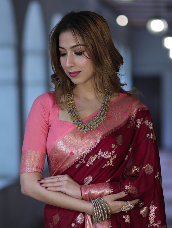 Banarasee Handloom Semi Silk Saree With Zari Woven Design & Contrast Border-Burgundy