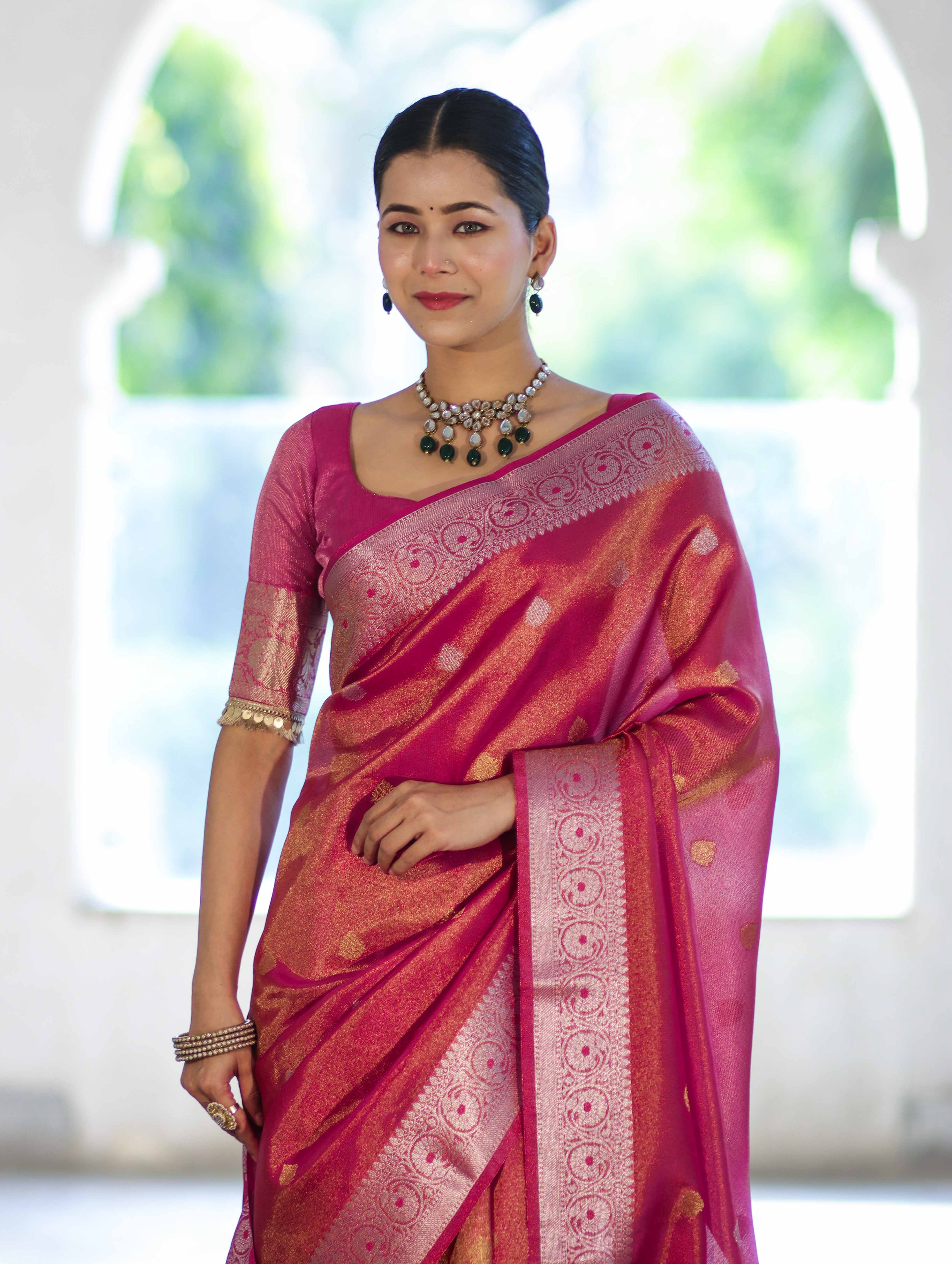 Banarasee Handloom Dual Tone Shimmer Silk Saree With Buti Design & Meena Border-Pink