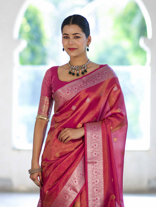 Banarasee Handloom Dual Tone Shimmer Silk Saree With Buti Design & Meena Border-Pink