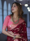 Banarasee Handloom Semi Silk Saree With Zari Woven Design & Contrast Border-Burgundy