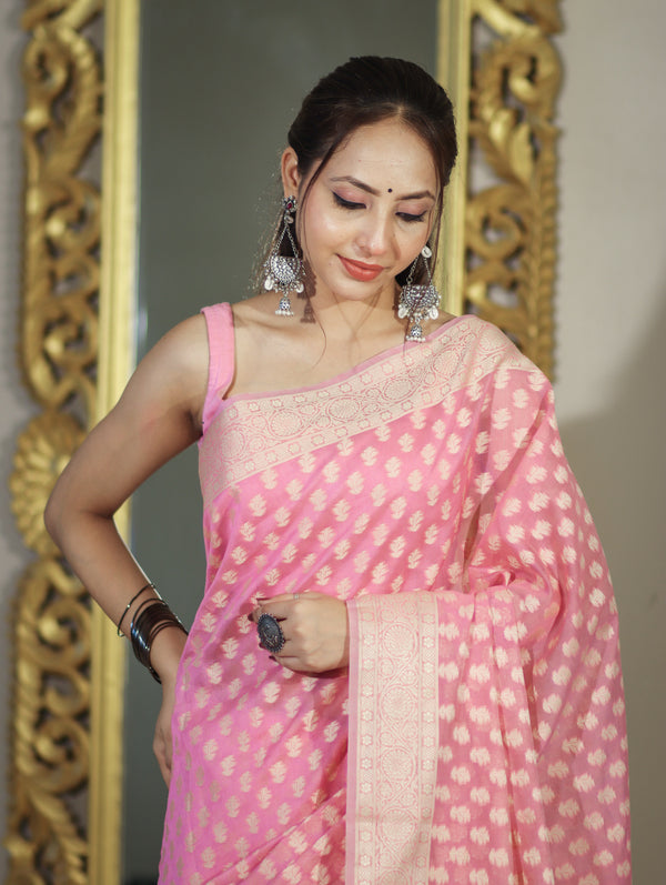 Banarasee Handloom Cotton Silk Saree With Resham Woven Buti & Border-Light pink