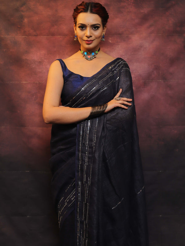 Banarasee Handloom Pure Linen Sequins Work Saree-Blue