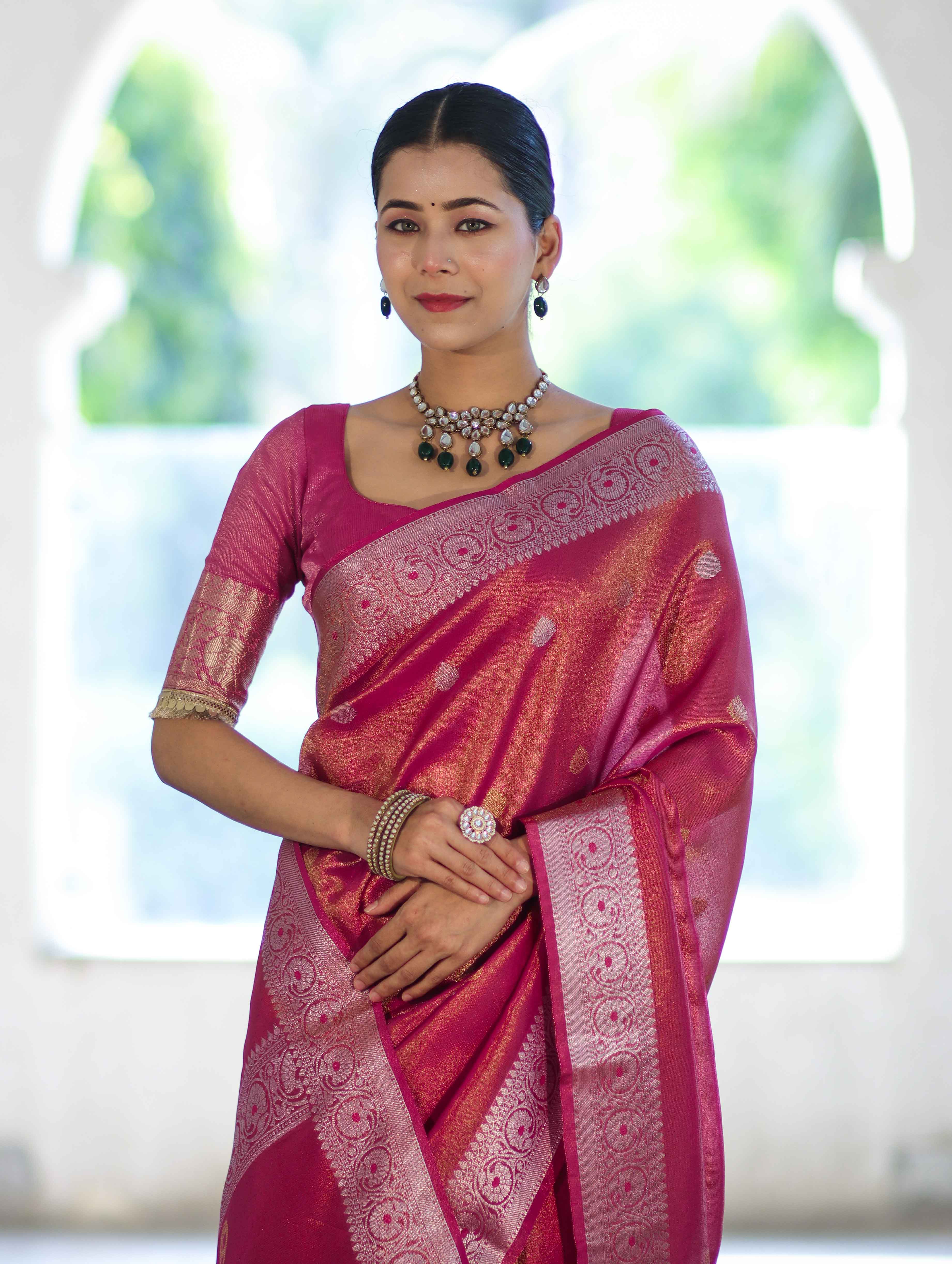 Banarasee Handloom Dual Tone Shimmer Silk Saree With Buti Design & Meena Border-Pink
