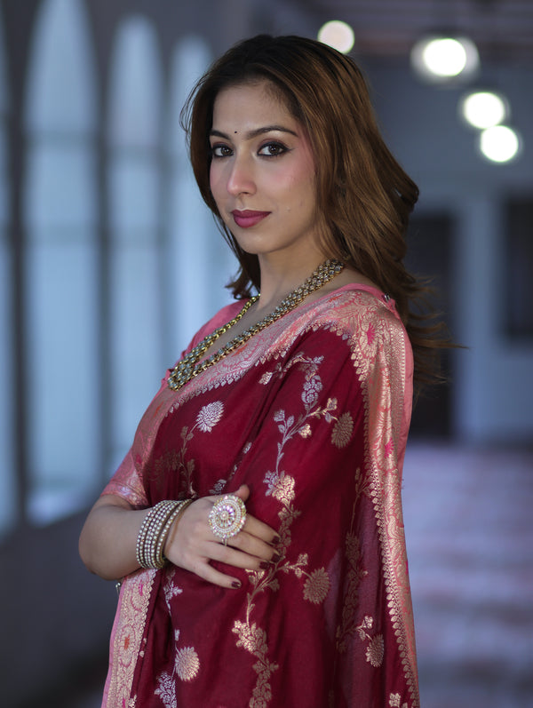 Banarasee Handloom Semi Silk Saree With Zari Woven Design & Contrast Border-Burgundy