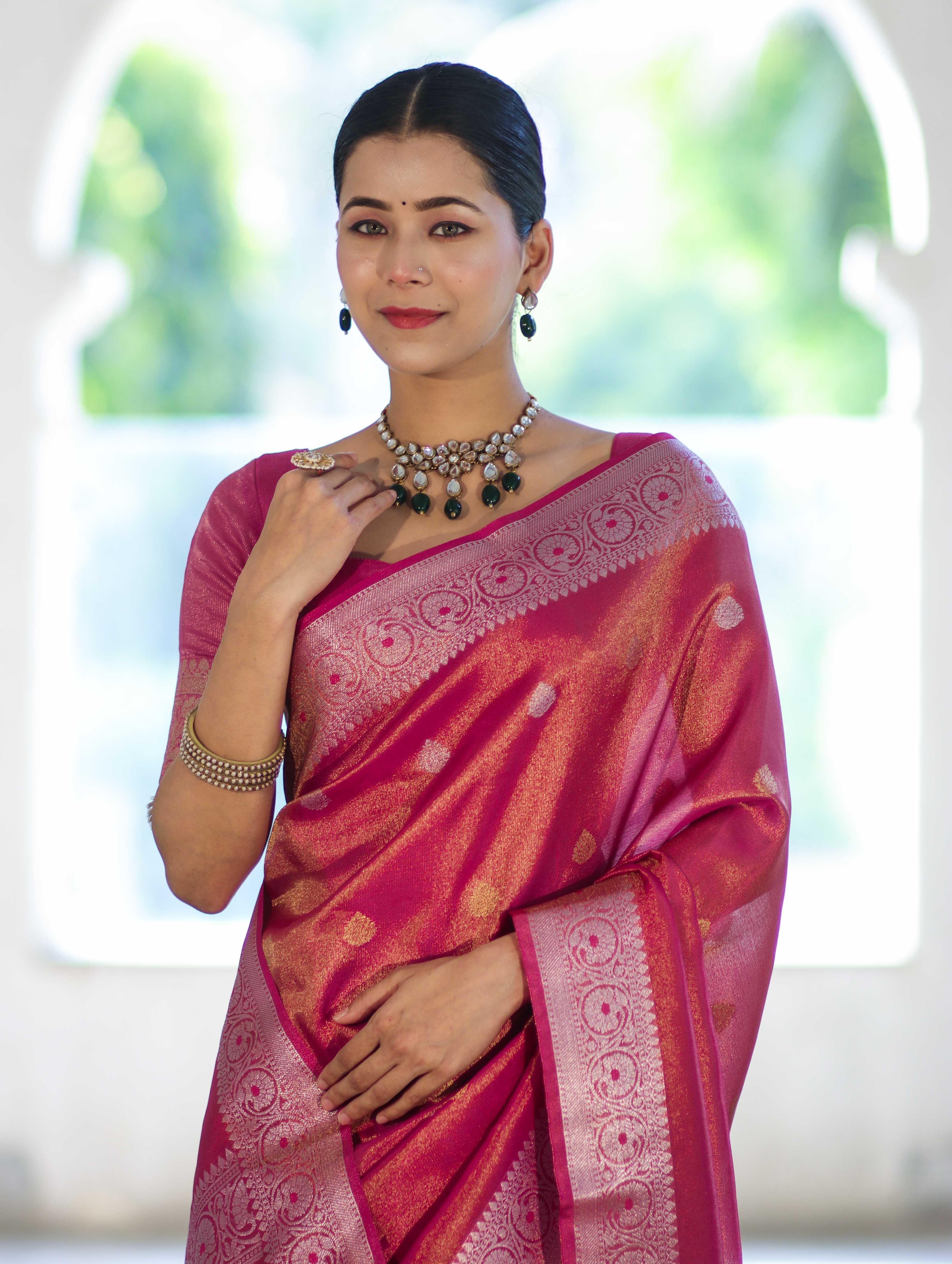 Banarasee Handloom Dual Tone Shimmer Silk Saree With Buti Design & Meena Border-Pink