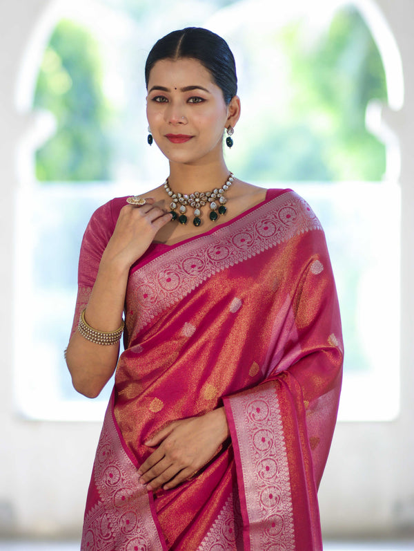 Banarasee Handloom Dual Tone Shimmer Silk Saree With Buti Design & Meena Border-Pink