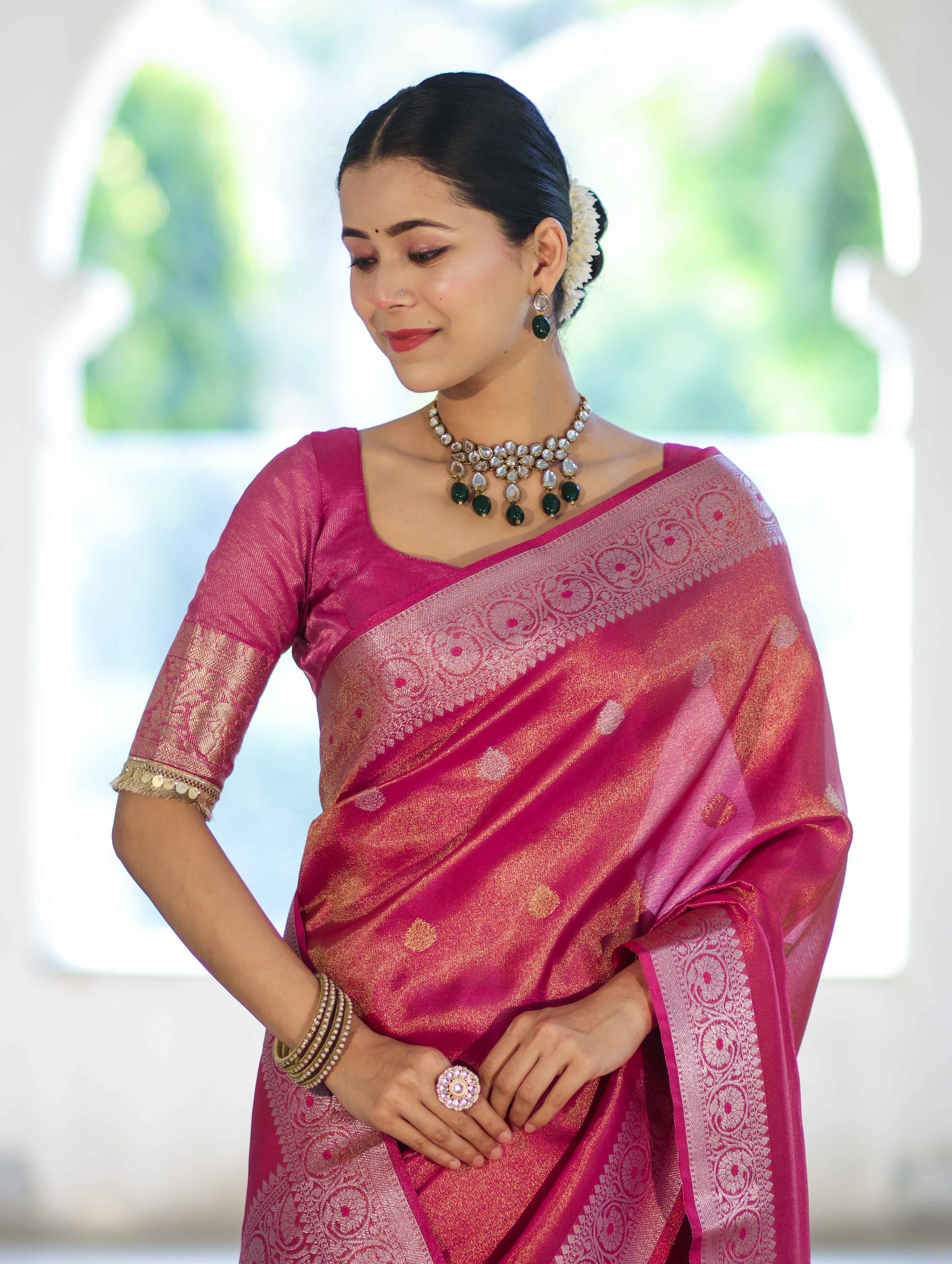 Banarasee Handloom Dual Tone Shimmer Silk Saree With Buti Design & Meena Border-Pink