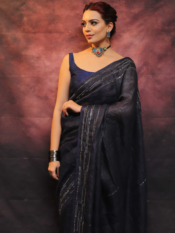Banarasee Handloom Pure Linen Sequins Work Saree-Blue